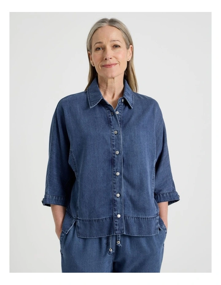 3/4 Sleeve Light Weight Panelled Denim Shirt in Dark Wash image 1