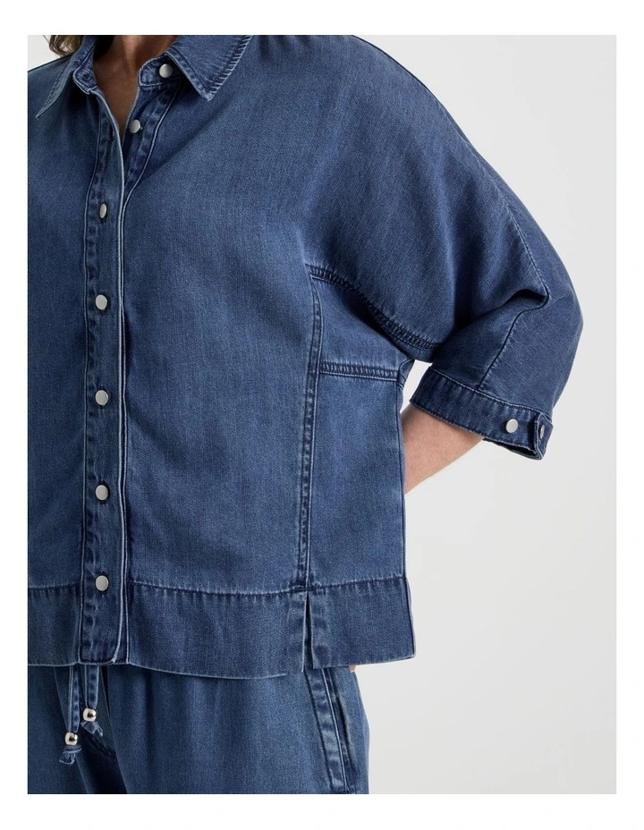 3/4 Sleeve Light Weight Panelled Denim Shirt in Dark Wash image 2