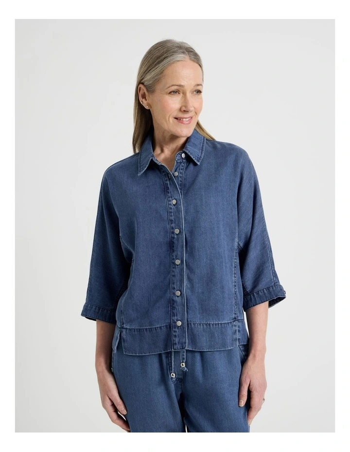 3/4 Sleeve Light Weight Panelled Denim Shirt in Dark Wash image 4