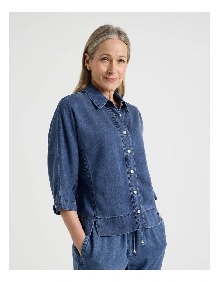 3/4 Sleeve Light Weight Panelled Denim Shirt in Dark Wash image 5