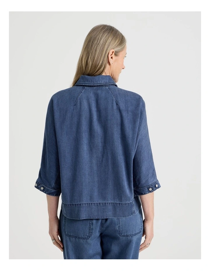3/4 Sleeve Light Weight Panelled Denim Shirt in Dark Wash image 6