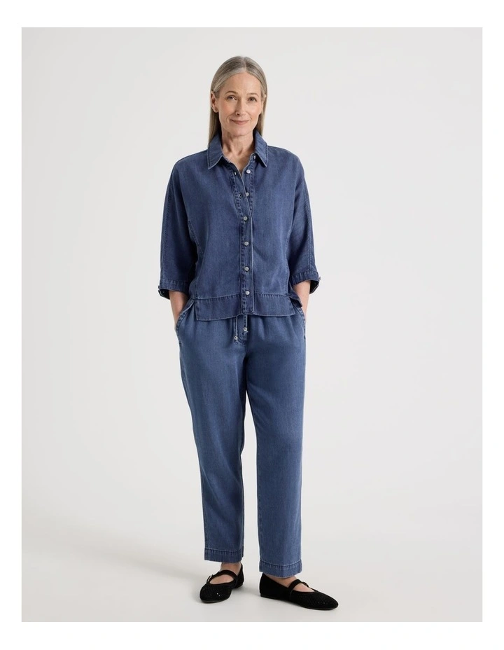 3/4 Sleeve Light Weight Panelled Denim Shirt in Dark Wash image 7