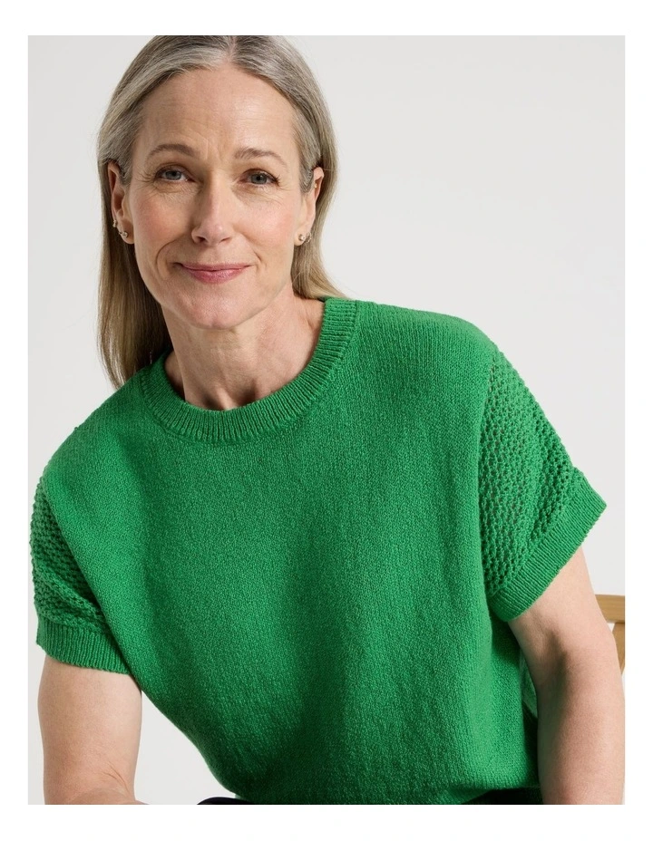 Extended Sleeve Knit Top With Fancy Knit Sleeves in Green image 2