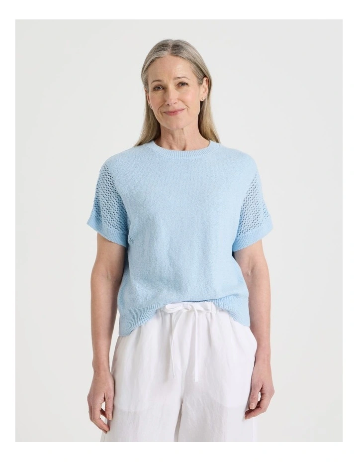 Extended Sleeve Knit Top With Fancy Knit Sleeves in Light Blue image 1