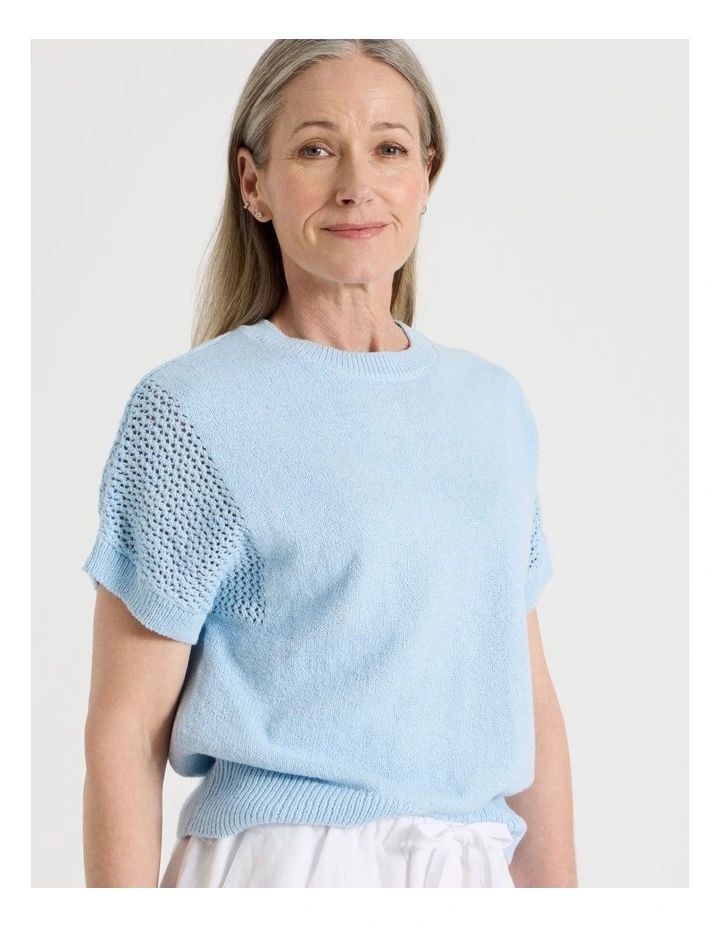 Extended Sleeve Knit Top With Fancy Knit Sleeves in Light Blue image 2