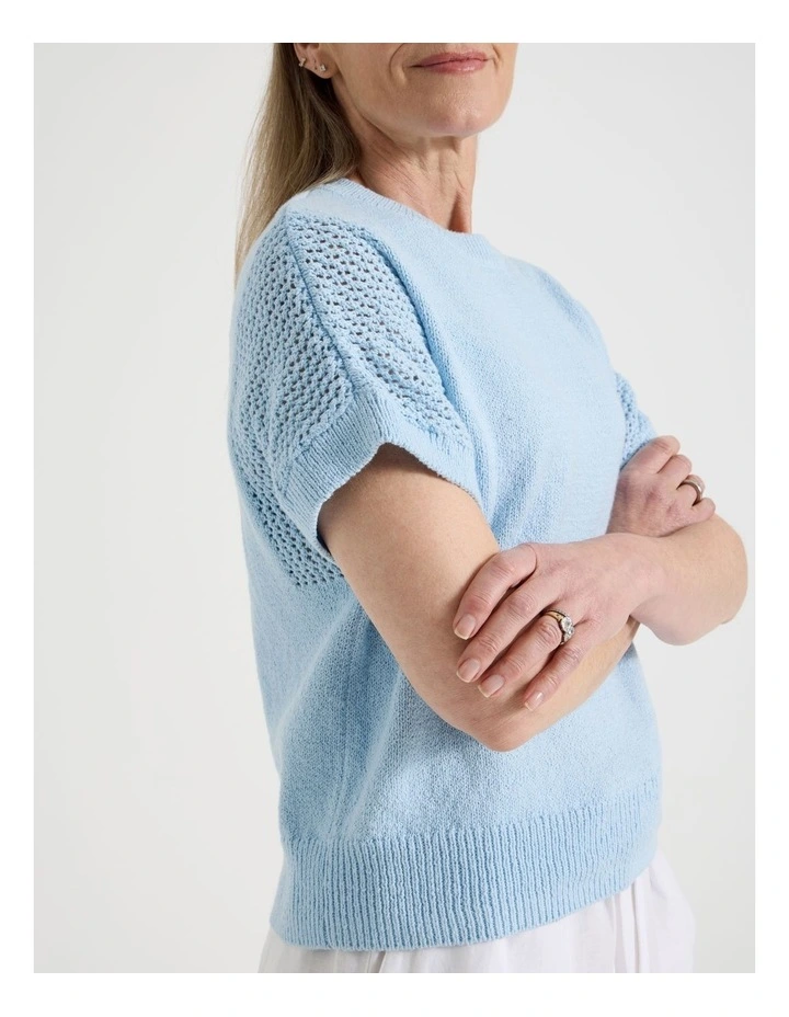 Extended Sleeve Knit Top With Fancy Knit Sleeves in Light Blue image 3