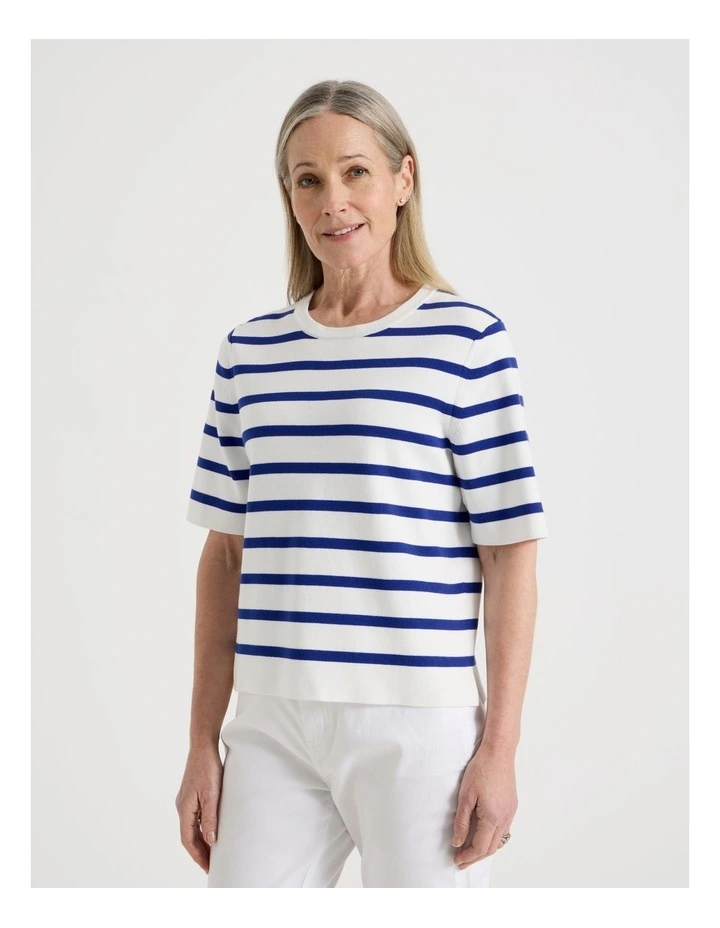Short Sleeve Stripe Knitted Top in Ivory/Cobalt image 1