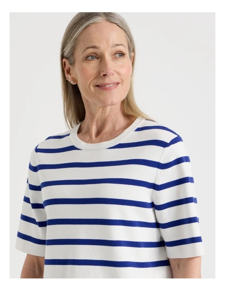 Short Sleeve Stripe Knitted Top in Ivory/Cobalt image 2
