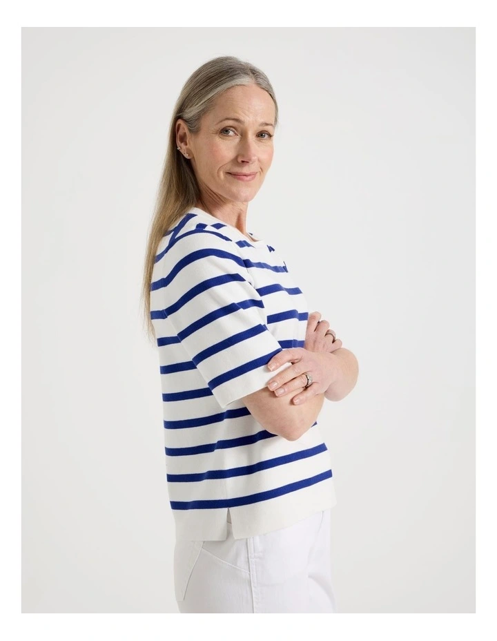 Short Sleeve Stripe Knitted Top in Ivory/Cobalt image 4