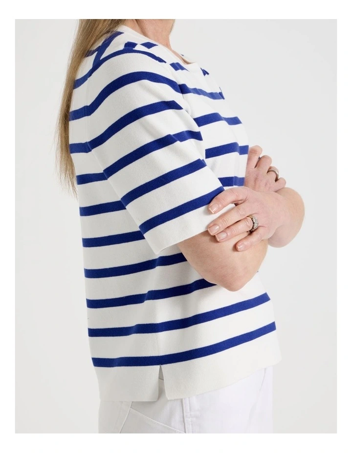 Short Sleeve Stripe Knitted Top in Ivory/Cobalt image 5