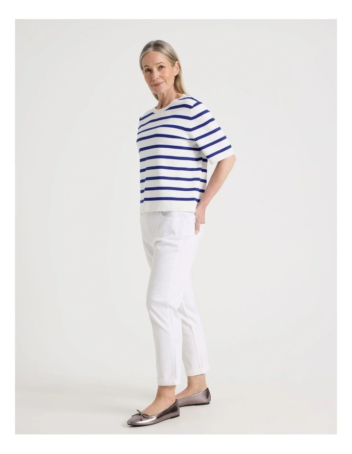 Short Sleeve Stripe Knitted Top in Ivory/Cobalt image 6