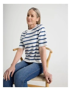 Short Sleeve Stripe Knitted Top in Ivory/Slate