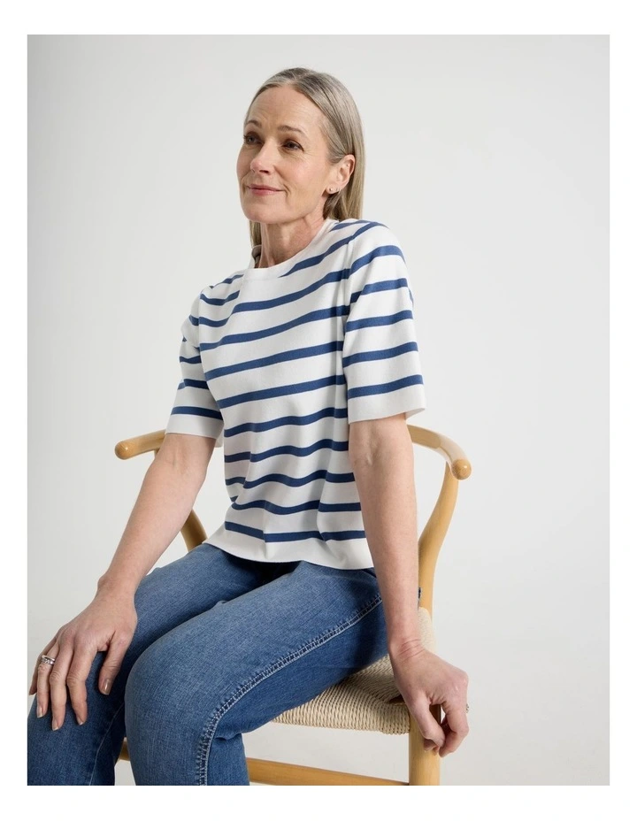 Short Sleeve Stripe Knitted Top in Ivory/Slate image 1