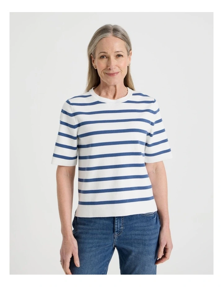 Short Sleeve Stripe Knitted Top in Ivory/Slate image 2