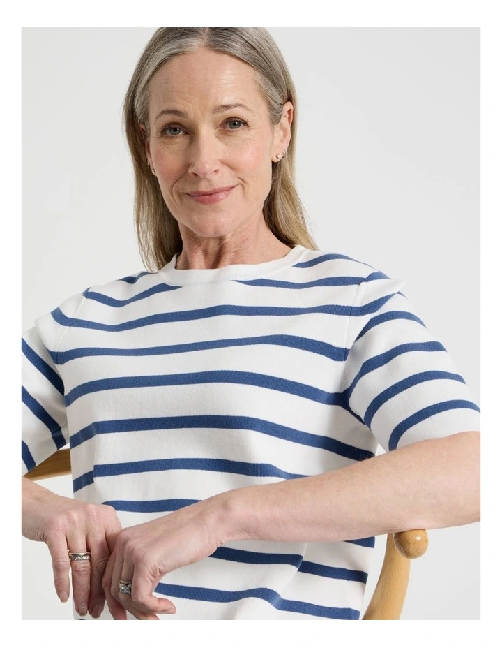 Short Sleeve Stripe Knitted Top in Ivory/Slate image 3