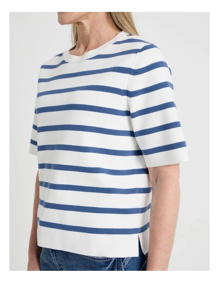 Short Sleeve Stripe Knitted Top in Ivory/Slate image 4