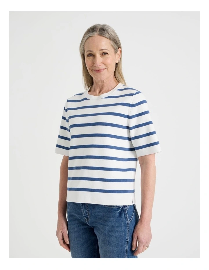 Short Sleeve Stripe Knitted Top in Ivory/Slate image 5