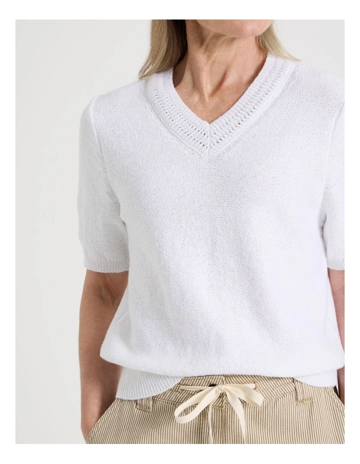 Short Sleeve V Neck Knitted Top With Fancy Neckband in Snow image 2