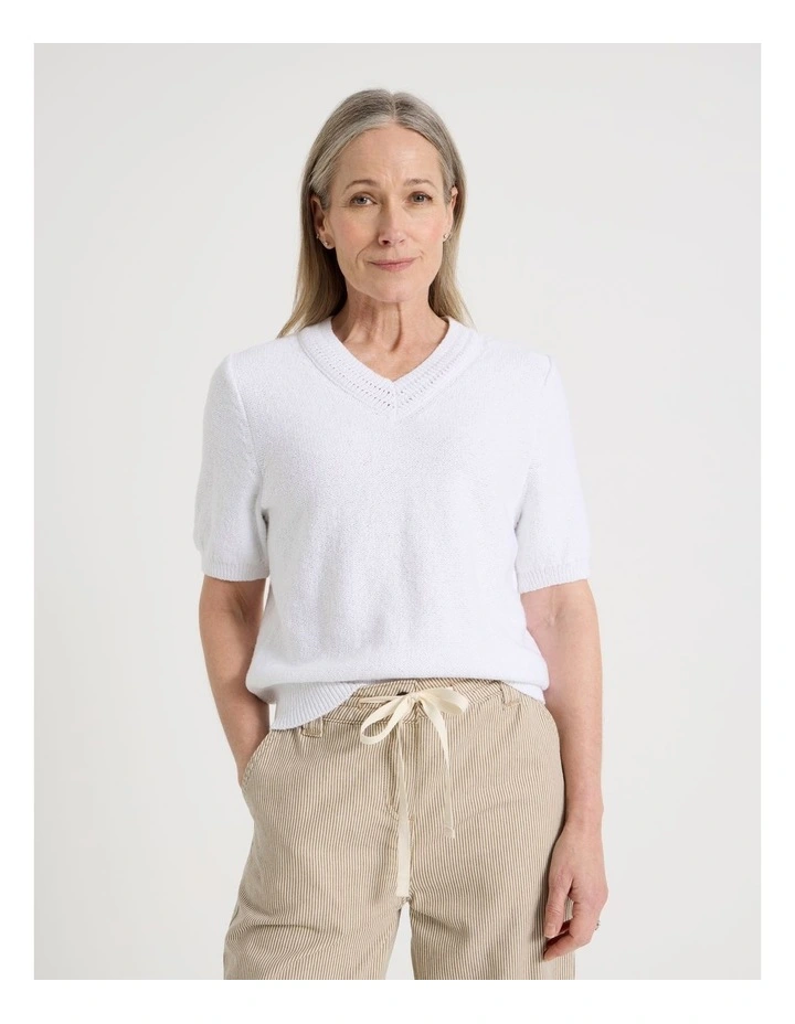 Short Sleeve V Neck Knitted Top With Fancy Neckband in Snow image 3