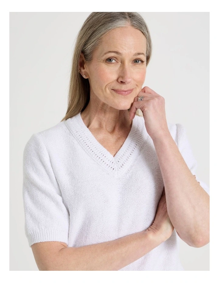 Short Sleeve V Neck Knitted Top With Fancy Neckband in Snow image 4