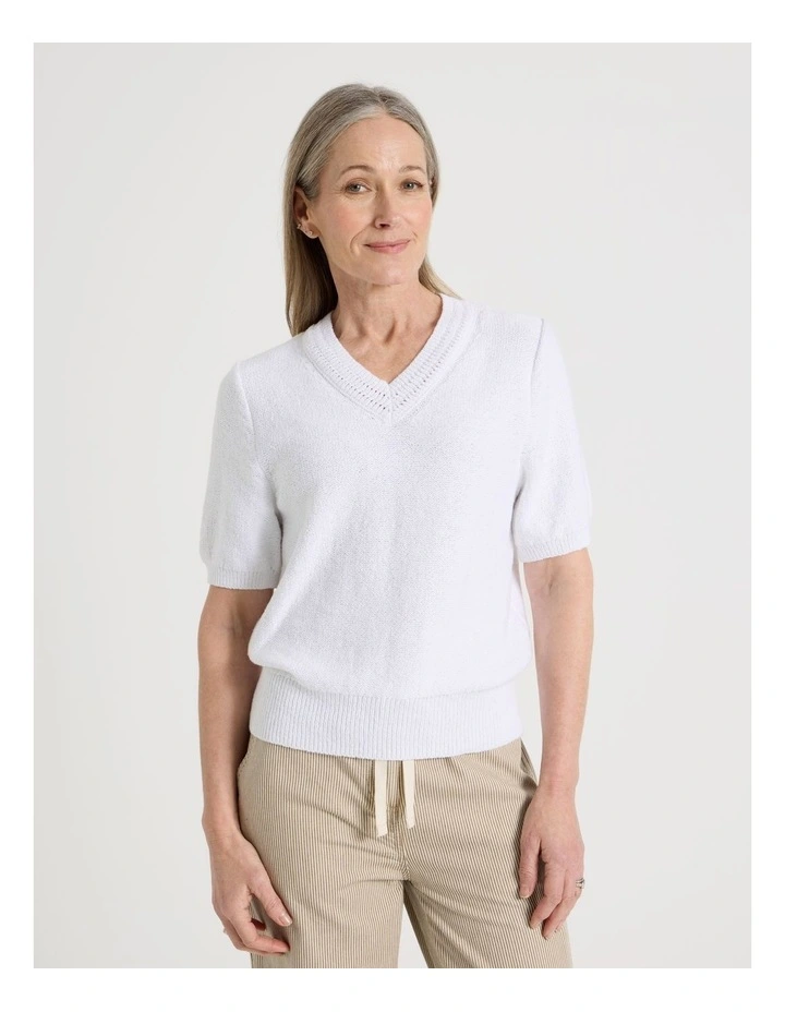 Short Sleeve V Neck Knitted Top With Fancy Neckband in Snow image 5