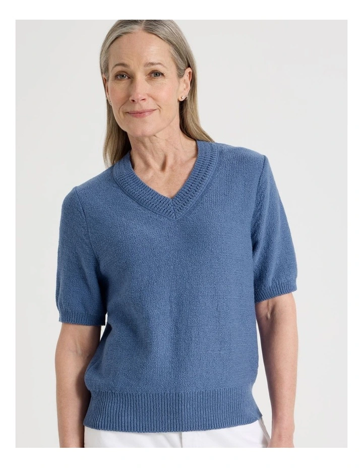 Short Sleeve V Neck Knitted Top With Fancy Neckband in Light Blue image 1