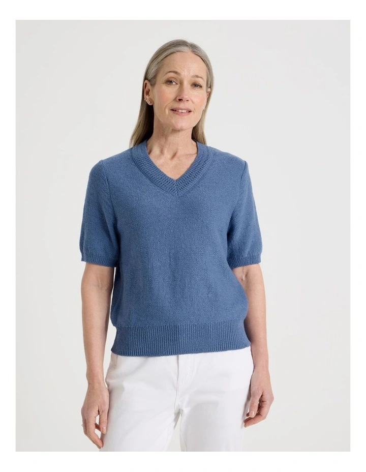 Short Sleeve V Neck Knitted Top With Fancy Neckband in Light Blue image 2