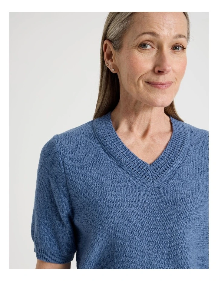 Short Sleeve V Neck Knitted Top With Fancy Neckband in Light Blue image 3
