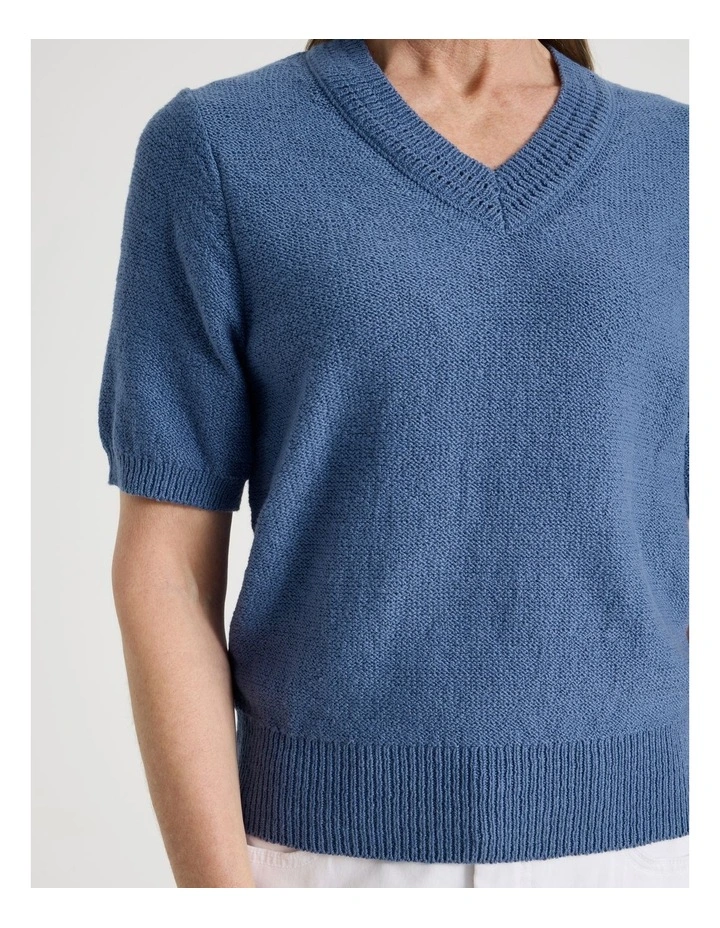 Short Sleeve V Neck Knitted Top With Fancy Neckband in Light Blue image 4