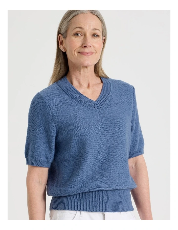 Short Sleeve V Neck Knitted Top With Fancy Neckband in Light Blue image 5