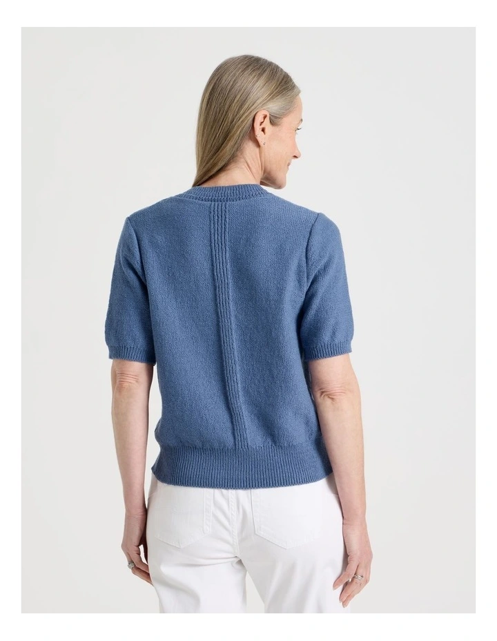 Short Sleeve V Neck Knitted Top With Fancy Neckband in Light Blue image 6