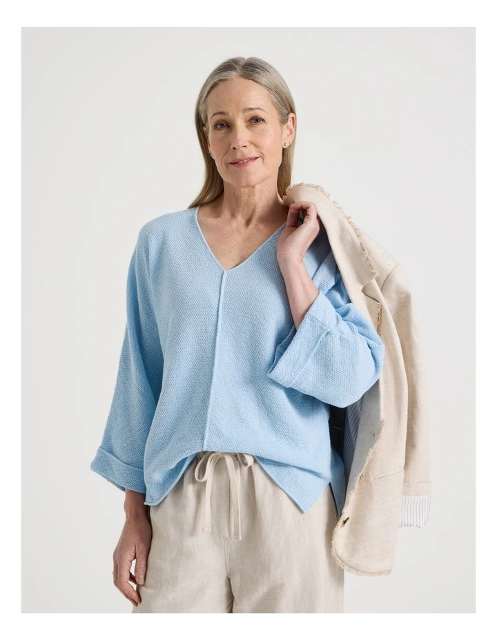 V Neck Long Sleeve Jumper With Fold Back Cuff in Light Blue image 1