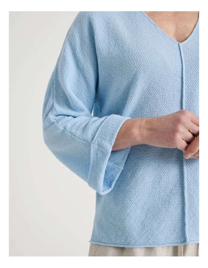 V Neck Long Sleeve Jumper With Fold Back Cuff in Light Blue image 2
