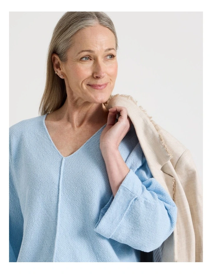 V Neck Long Sleeve Jumper With Fold Back Cuff in Light Blue image 3