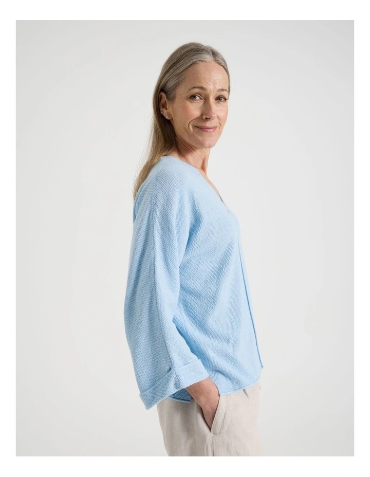 V Neck Long Sleeve Jumper With Fold Back Cuff in Light Blue image 4