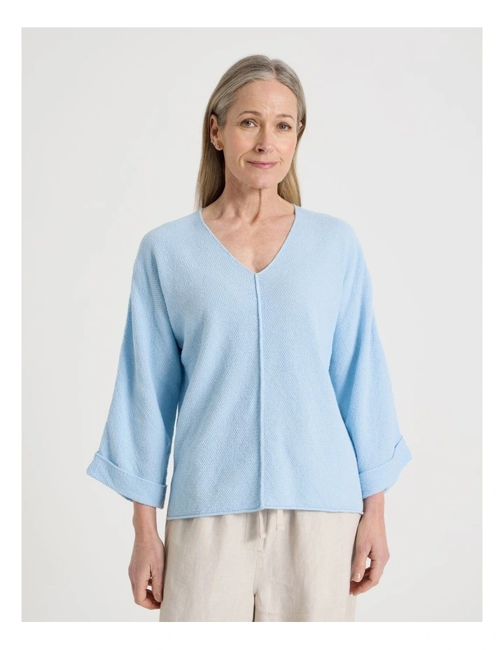 V Neck Long Sleeve Jumper With Fold Back Cuff in Light Blue image 5
