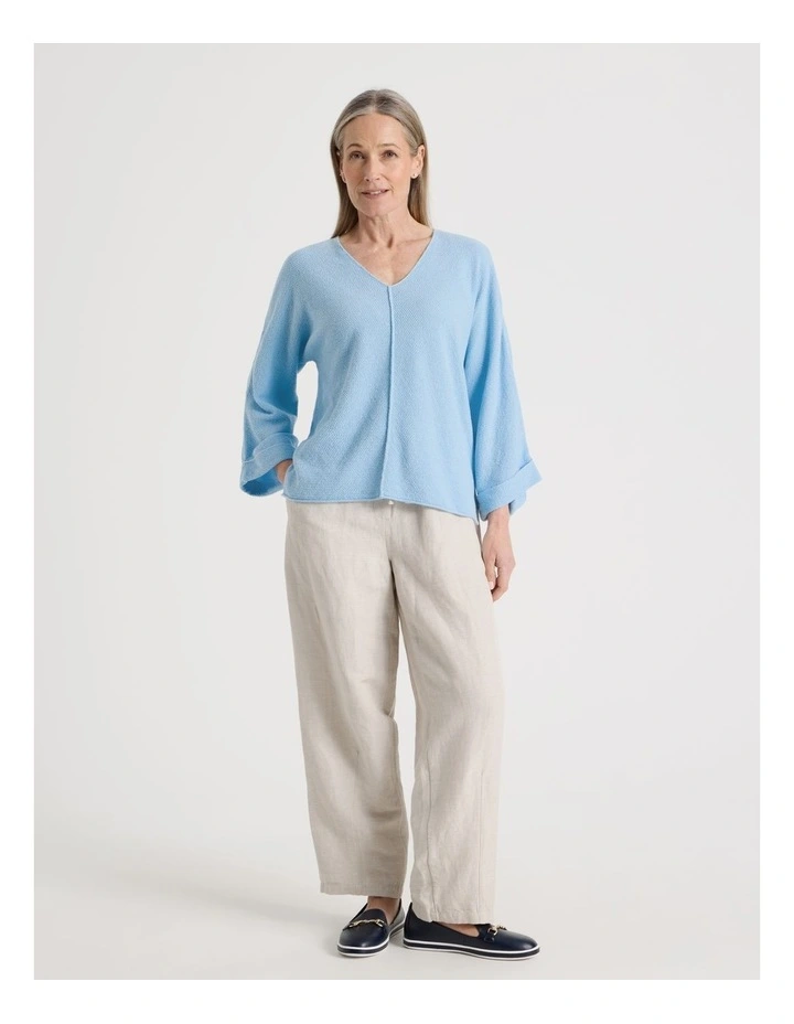 V Neck Long Sleeve Jumper With Fold Back Cuff in Light Blue image 7