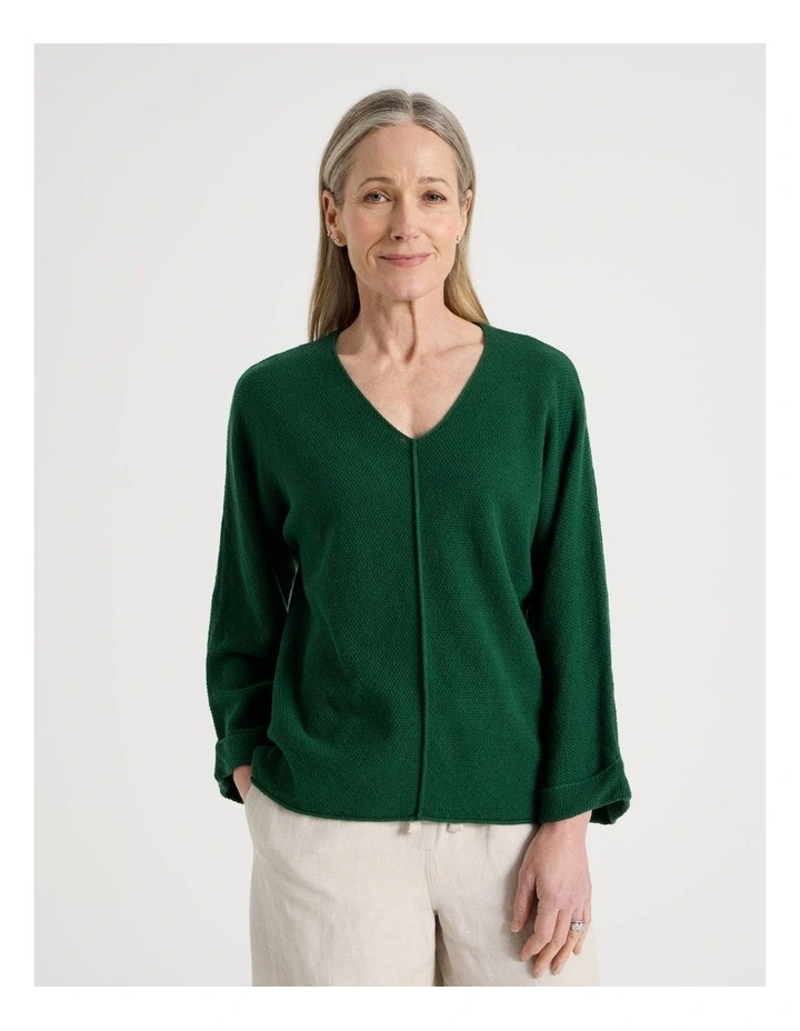 V Neck Long Sleeve Jumper With Fold Back Cuff in Green image 1