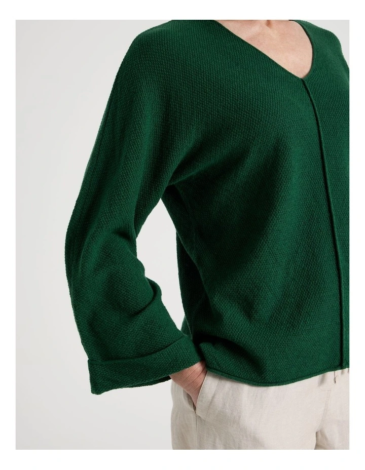 V Neck Long Sleeve Jumper With Fold Back Cuff in Green image 2