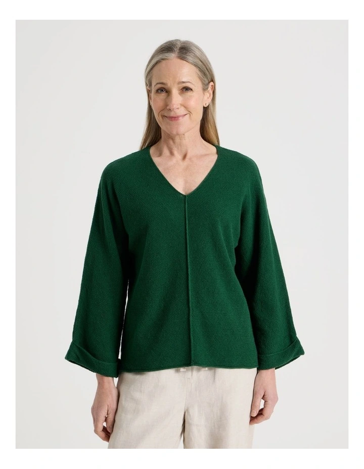 V Neck Long Sleeve Jumper With Fold Back Cuff in Green image 5