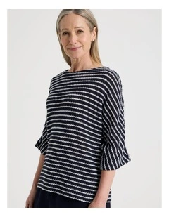Fancy Knit 3/4 Sleeve Magyar Tee in Navy/Ivory Stripe