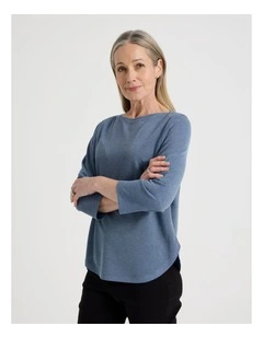 3/4 Sleeve Boat Neck Tee in Light Blue Texture