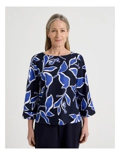 3/4 Sleeve Top With Fold Up Cuff & Feature Button in Navy/Cobalt Leaf Print