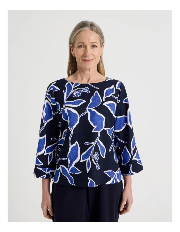 3/4 Sleeve Top With Fold Up Cuff & Feature Button in Navy/Cobalt Leaf Print image 1