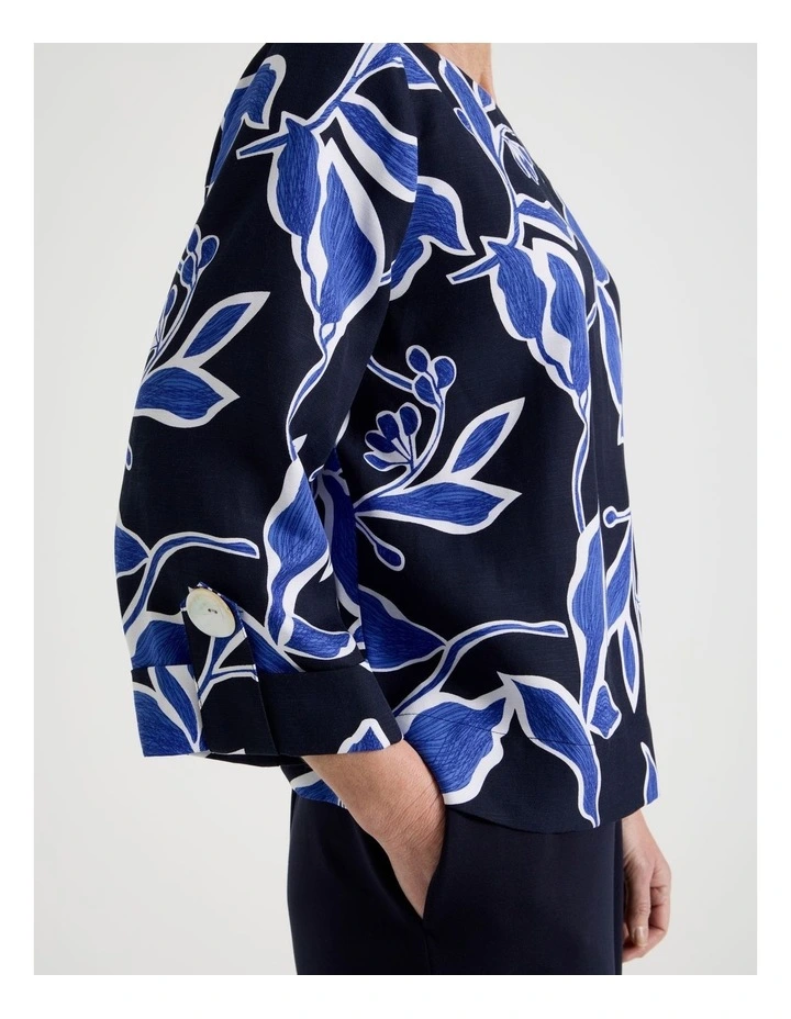 3/4 Sleeve Top With Fold Up Cuff & Feature Button in Navy/Cobalt Leaf Print image 2