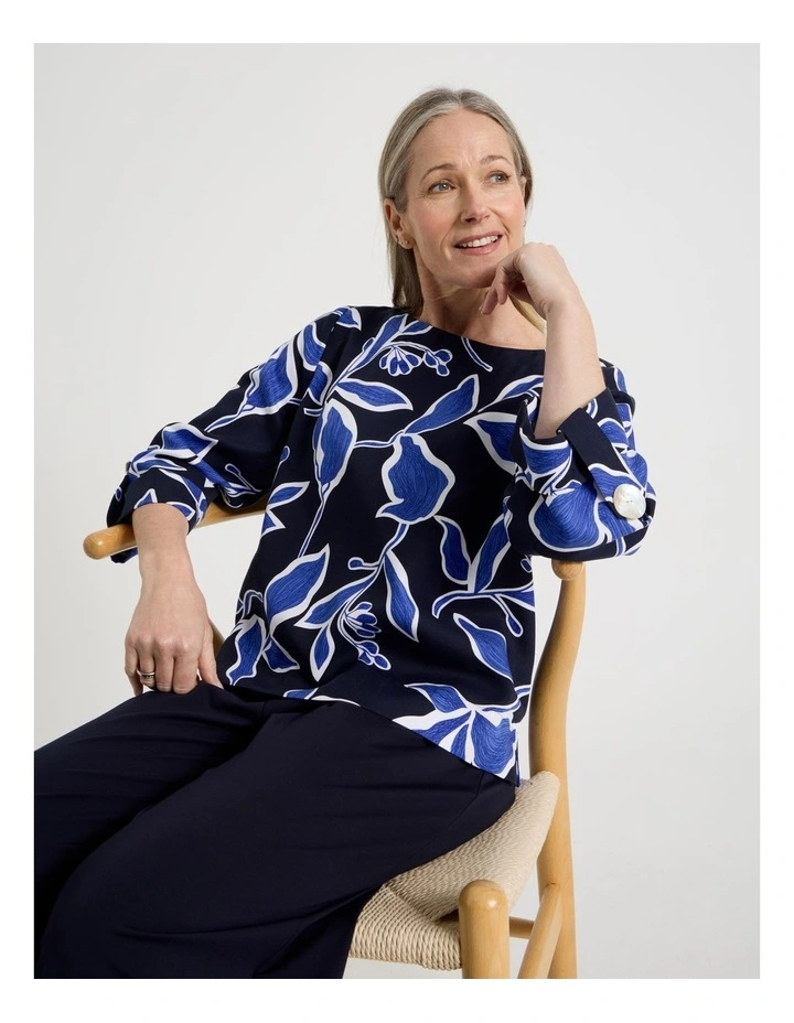 3/4 Sleeve Top With Fold Up Cuff & Feature Button in Navy/Cobalt Leaf Print image 3