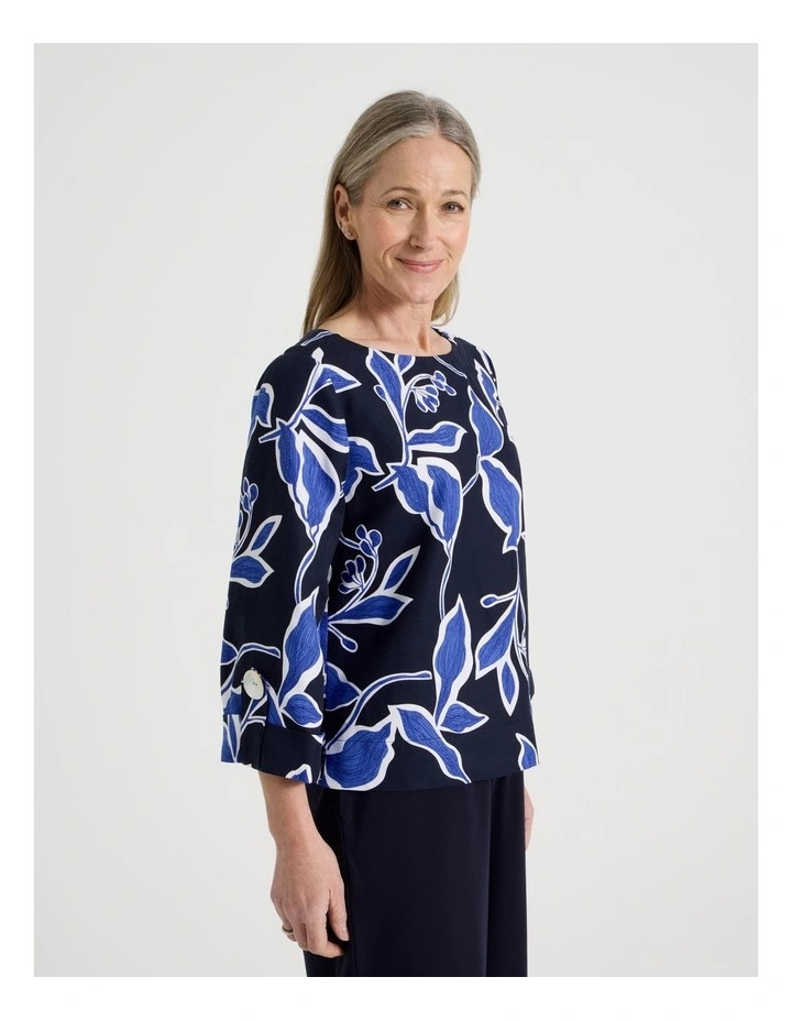 3/4 Sleeve Top With Fold Up Cuff & Feature Button in Navy/Cobalt Leaf Print image 4