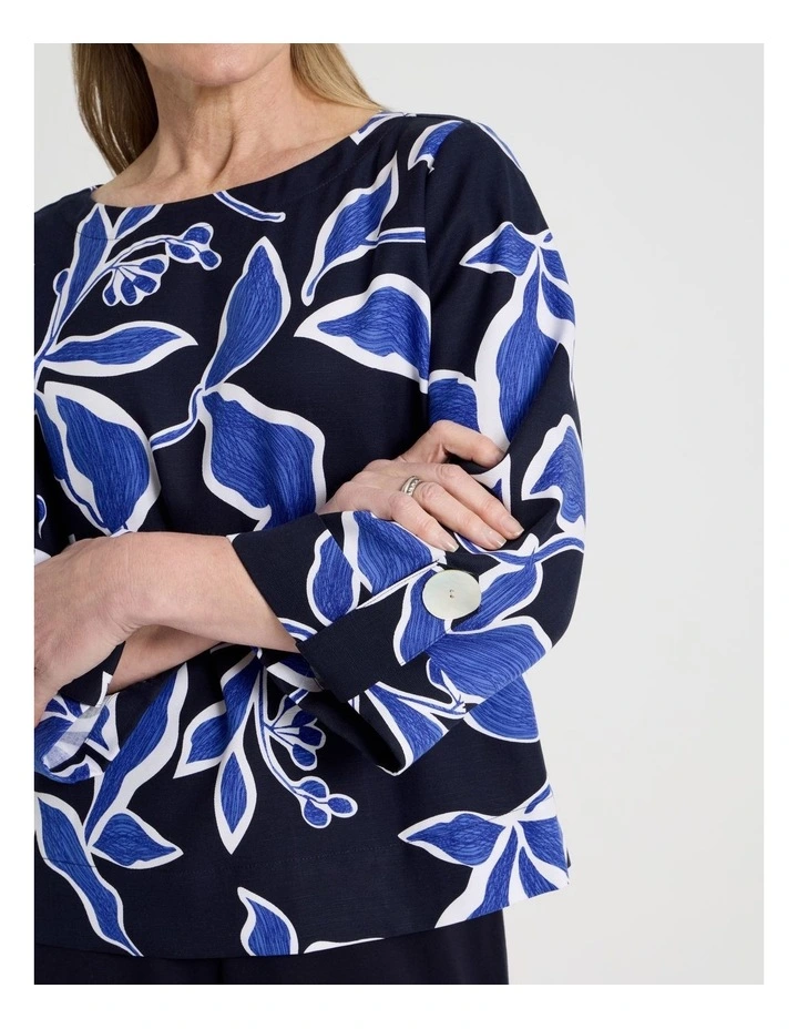 3/4 Sleeve Top With Fold Up Cuff & Feature Button in Navy/Cobalt Leaf Print image 5