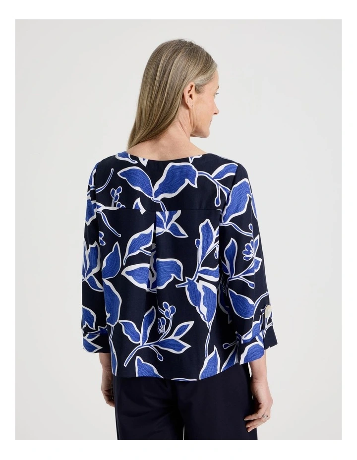3/4 Sleeve Top With Fold Up Cuff & Feature Button in Navy/Cobalt Leaf Print image 6