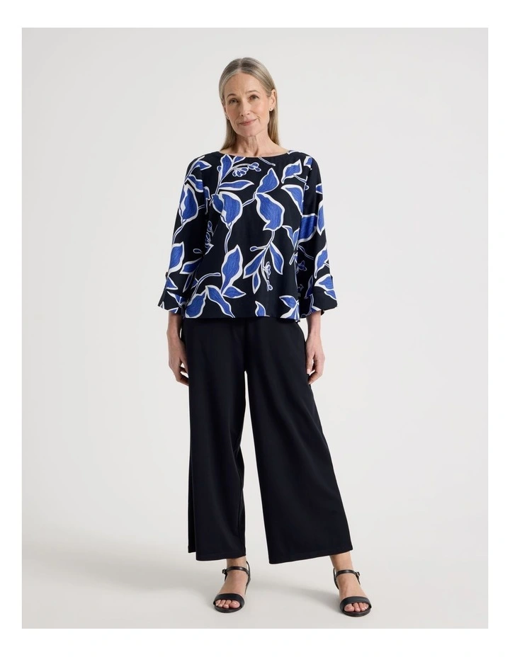 3/4 Sleeve Top With Fold Up Cuff & Feature Button in Navy/Cobalt Leaf Print image 7